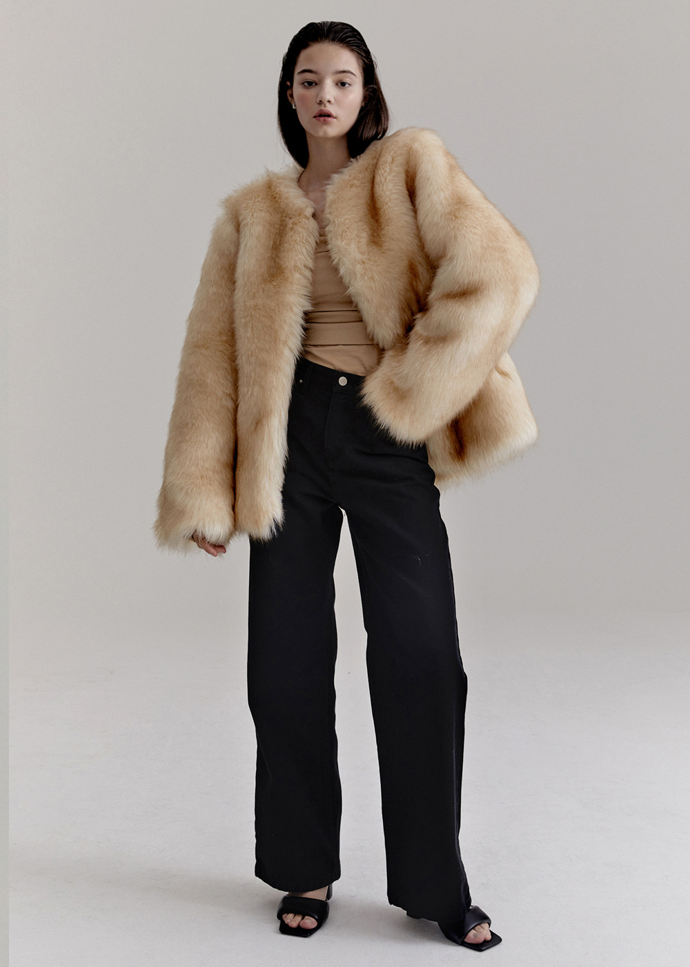 Collarless Mixed Faux Fur - Yellow Beige