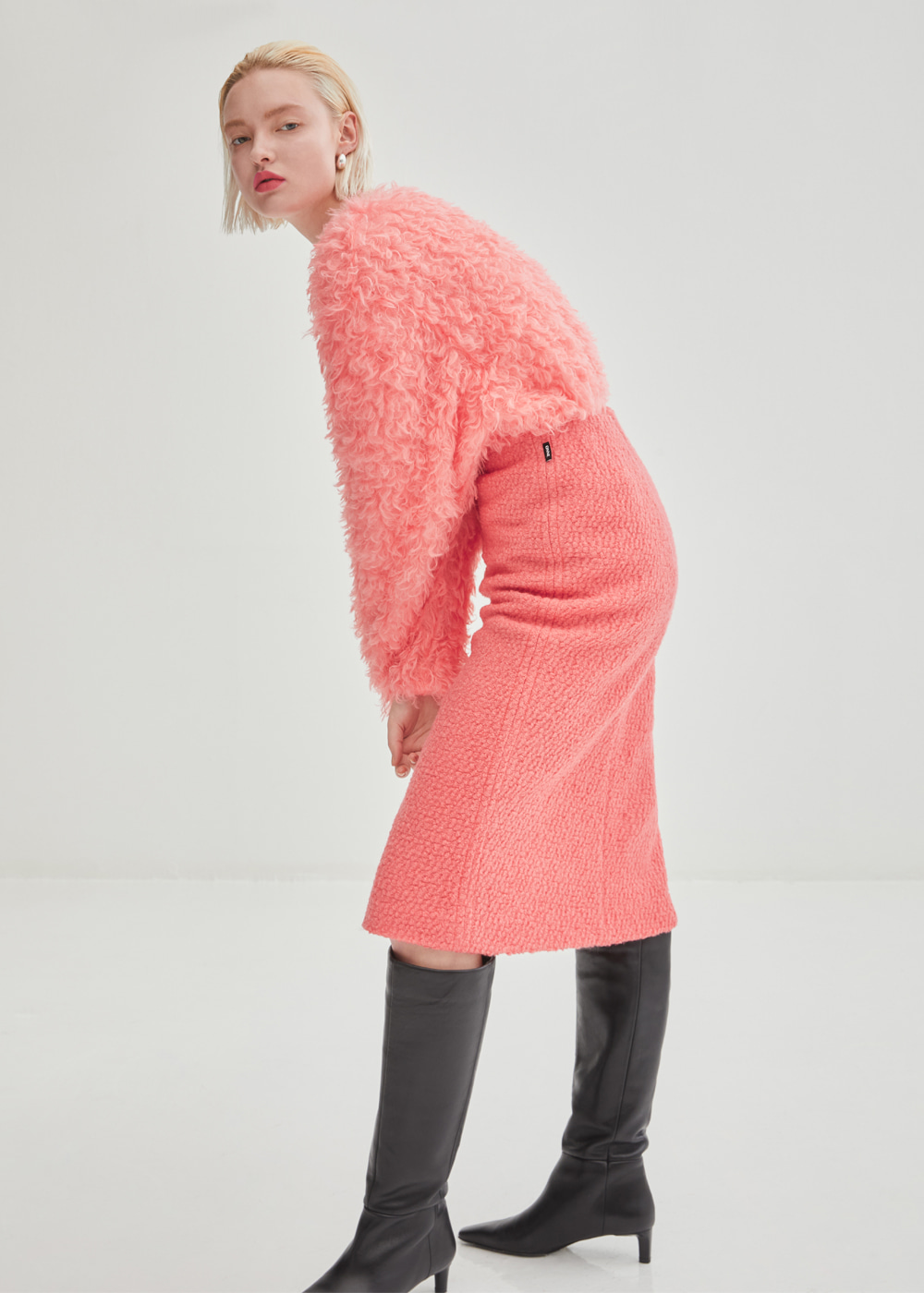 Stitched Wool Tweed Midi Skirt - Pink